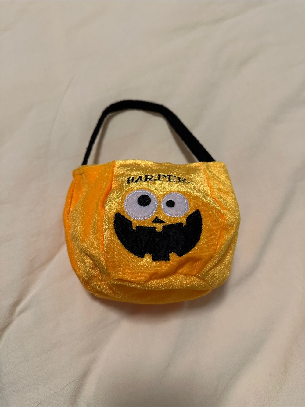 Harper Yellow Velvet Pumpkin Treat Bag with Black Handle